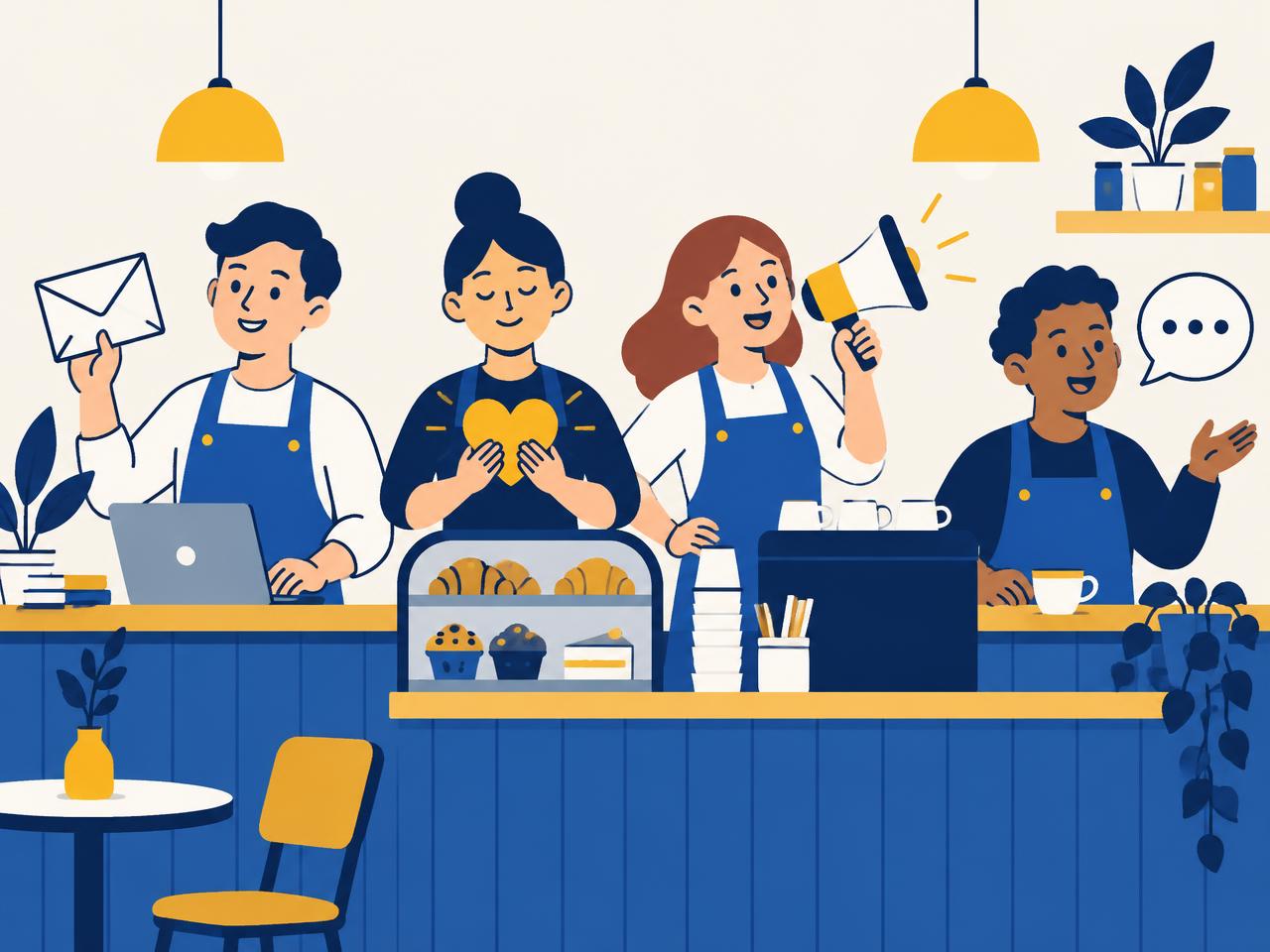 Friendly AI crew members behind a café counter